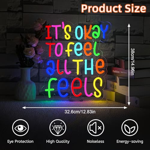 Image of JURONG It's Okay to Feel All the Feels Neon Signs for Wall Decor Dimmable LED Neon Light up Signs USB Powered for Home Office Bedroom Classroom Wedding Party Store Home Gift Neon Decor