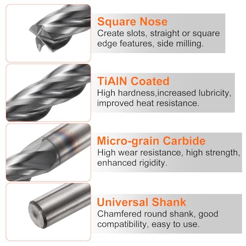 Image of HARFINGTON Carbide Square Nose End Mill Bit 3 /16 inch Cut Dia 4 Flutes TiAlN Coated Milling Cutter for Hardened Steel Metal (3 /16 inch Shank 3 /4 inch Cut Length 2-1 /2 inch Long 30 Degree HRC53-55)