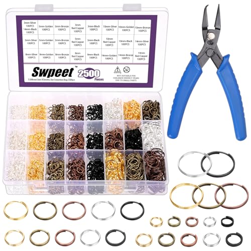 Swpeet 2501 anillos pequeños de metal divididos de 5 tamaños de 3 mm, 5 mm, 8 mm, 10 mm, 14 mm, anillos pequeños de metal divididos con kit de alicates de apertura de anillo dividido, anillos de salto