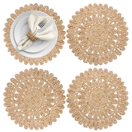 Round Corn Husk Placemats Boho Woven Rattan (Set of 4)