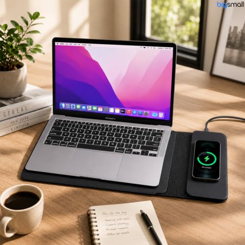 Image of Bigsmall 3-in-1 Laptop Desk Mat with Wireless Charger, Mouse Pad & Phone Charging Stand, Compatible with MacBook, iPad, Surface, Dell, HP, Lenovo & ASUS Laptops Up to 14 Inch, Non-Slip Desk Organizer