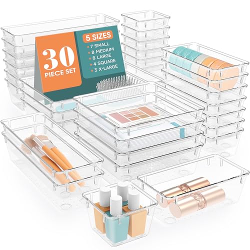 Image of WOWBOX Drawer Organizer Set, Multi Sizes Desk Drawer Divider Organizers and Storage Bins for Makeup, Jewelry, Gadgets for Kitchen, Bedroom, Bathroom, Office (Clear, 30 pcs Set)