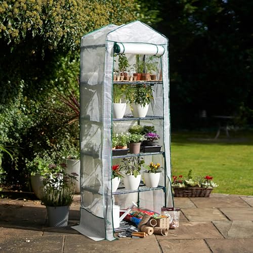 Bramble - Premium Garten Foliengewächshaus für Balkon & Terrasse mit 5 Regalen, Stahlrahmen & Verstärkter PVC-Abdeckung - Stabil & Einfach zu Montieren - 193x69x49cm Weiß