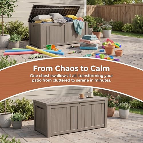 Image of 148 Gallon Resin Deck Box - Outdoor Storage Chest for Patio Furniture Cushions, Garden Tools, Pool Accessories & Backyard Organization Lockable Waterproof All-Weather Wood Grain Design, Easy Assembly