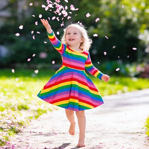 Image of Tkria Toddler Girls Rainbow Dress Striped Fall Dress Cartoon Colourful Long Sleeve Casual Dressy 2-7T