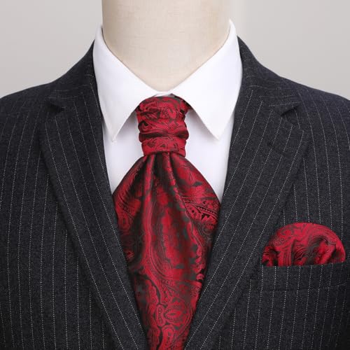 Image of HISDERN Ascot Ties for Men Paisley Floral Ascot and Pocket Square Set Classic Self Tie Mens Cravat Handkerchief for Wedding