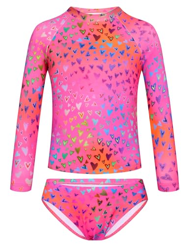 TENVDA Girls Swimsuit Size 6-7 Years Old Hotpink Hearts Print 2-Piece Long Sleeve Rash Guard Bathing Suits Swimwear