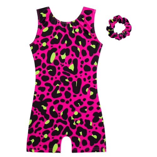 HOZIY Gymnastics Leotards for Girls with Shorts Biketards Dance Tumbling Outfits Matching Scrunchies 1-12 Years Old 3-4T Green Pink Leopard