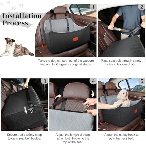 Wooaidagg Dog Car Seat for Large Size Dog,Super Soft Car Dog Bed Filling in Memory Foam and 3 Adjustable Straps,Washable Car Seat for Dogs with Safety Belt Loops and Storage Pocket(Black/Grey,Large)