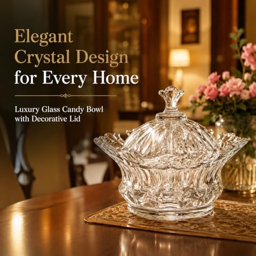Image of Crystal Glass Candy Jar with Lid, Decorative Dry Fruit Storage Bowl for Chocolates, Mukhwas, Cookies & Snacks, Elegant Serving Container for Dining Table, Gift Item