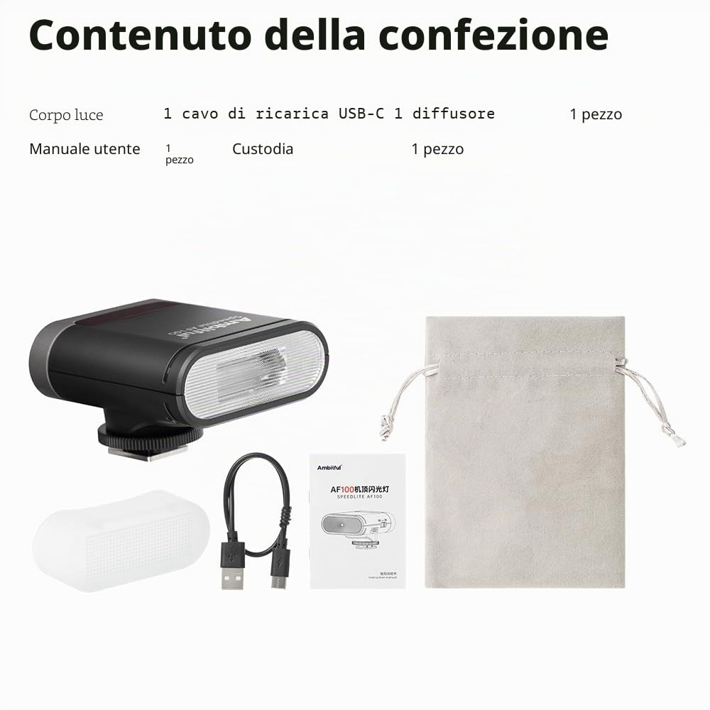 Ambitful Flash AF100 Mini Flash - Flash per fotocamera GN12, 8 livelli di potenza, batteria integrata da 2000 mAh Speedlite manuale compatibile per Canon/Sony/Ricoh gr3/Nikon/Fuji 0.1~1.8S riciclo