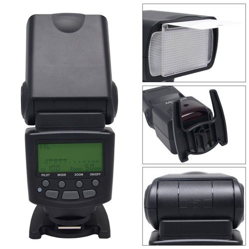 Front view of the Mcoplus MCO-430 Speedlite showing the LCD display and control buttons, including the power button.