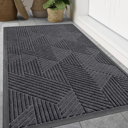 Image of Smiry Front Door Mat Outside Entrance, Heavy Duty Sturdy Natural Rubber Doormat, Trap Dirt and Moisture, Easy Clean Low Profile Welcome Floor Mats for Indoor Outdoor Entry, 47x23 Inch, Medium Grey