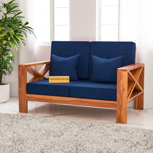 Image of Sheesham Wooden 2 Seater Sofa for Living Room | Rosewood 2 Seater Cushion Sofa X-Legs | Solid Wood Sofa Set for Lounge (2 Seater,Honey Finish)