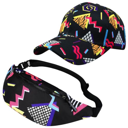 2 Stück 80er 90er Retro Cap für Frauen Männer Fanny Pack Baseball Hut Neon Kostüme Taille Tasche Sonnenhut für Rave Travel Themenparty (schwarz)