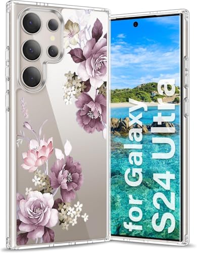 Image of Elzzi Transparent Flower Cover for Samsung S24 Ultra Case Shockproof Floral Design Full Camera Protection Shockproof PC+TPU Covers for Girls & Women