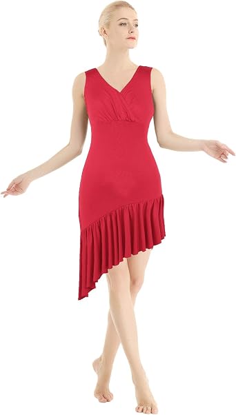 iiniim Womens Ruffled V Neck Sleeveless Asymmetric Latin Dance Dress Stage Performance Costumes