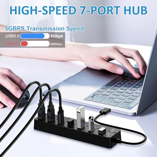 USB HUB, 7-Port USB 3.0 Hub with Individual Switches & Lights, Multiple ...