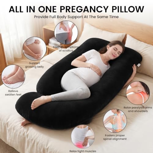 Image of Jcickt Pregnancy Pillow for Sleeping,59 inch Maternity Pillow with Removable Washable Cover,J-Shaped Velvet Full Body Pregnant Pillow -Support for Backs,Legs, Belly, HIPS, Improve Sleep-Black