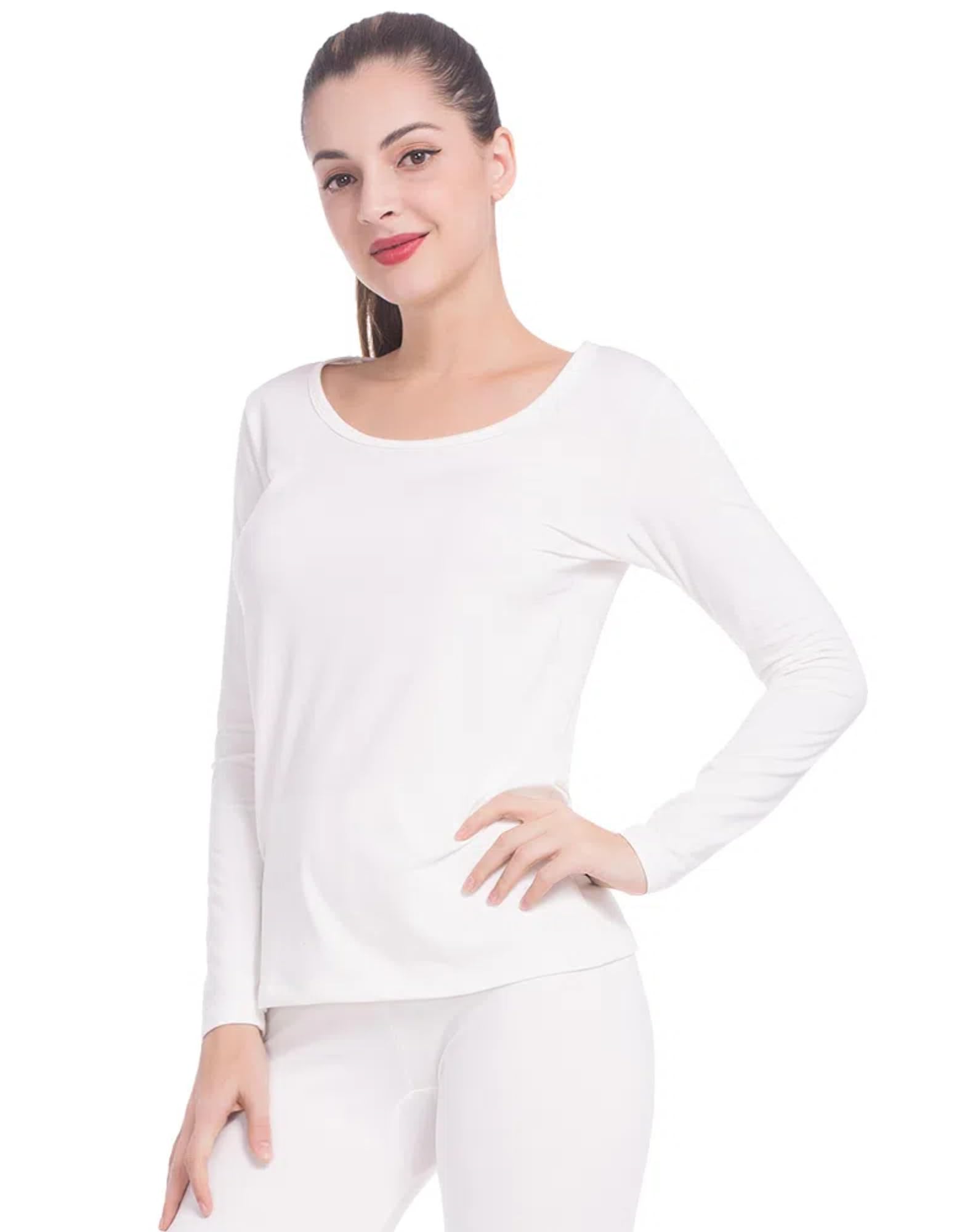MOSCOAL Women's Thermal Underwear Top, Fleece Lined Long Sleeve Baselayer Shirt, Scoop Neck Thermal Undershirt, X-Small, White