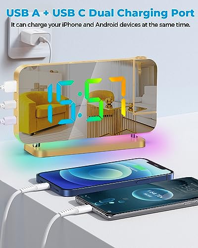 Szelam SZ-8853B-GD Projection Alarm Clock,7.4 Inch Led Mirror Digital Clocks Large Display,With 180° Rotatable Projector,Rgb Night Light,Usb C Port,Auto Dimmer thumb #5