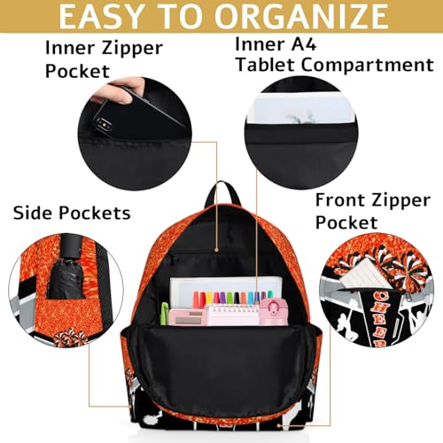 Custom Cheer Backpack for Women Cheerleaders, Personalized Waterproof Casual Daypack Bag with Name for Camping Hiking, Orange Glitter Shoulder Bag4