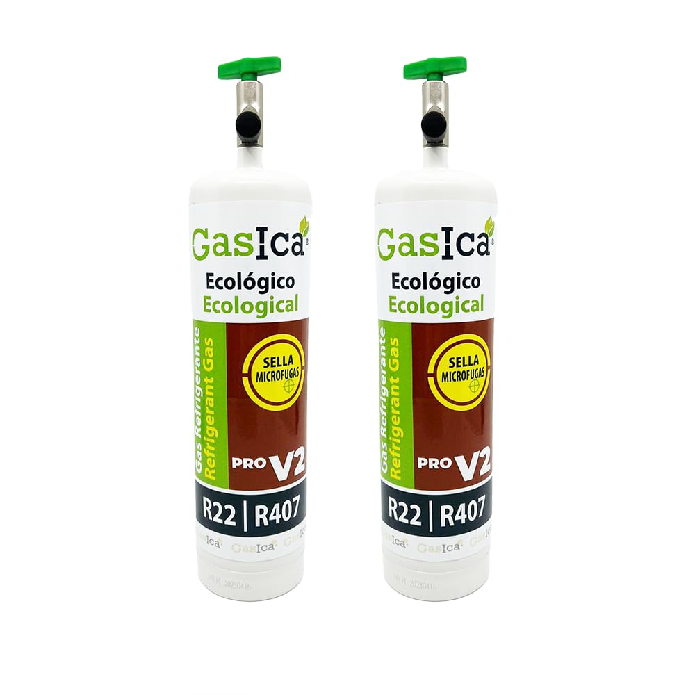 2 ENVASES GAS ECOLOGICO REFRIGERANTE V2 400 EQUIVALE A 800gr x2 SUSTITUTO R22/R407C VÁLVULA INCLUIDA