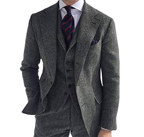 Men's 3 Piece Business Suit Regular Fit Herringbone Groomsmen Tuxedo Wool Jacket Vest & Pants3