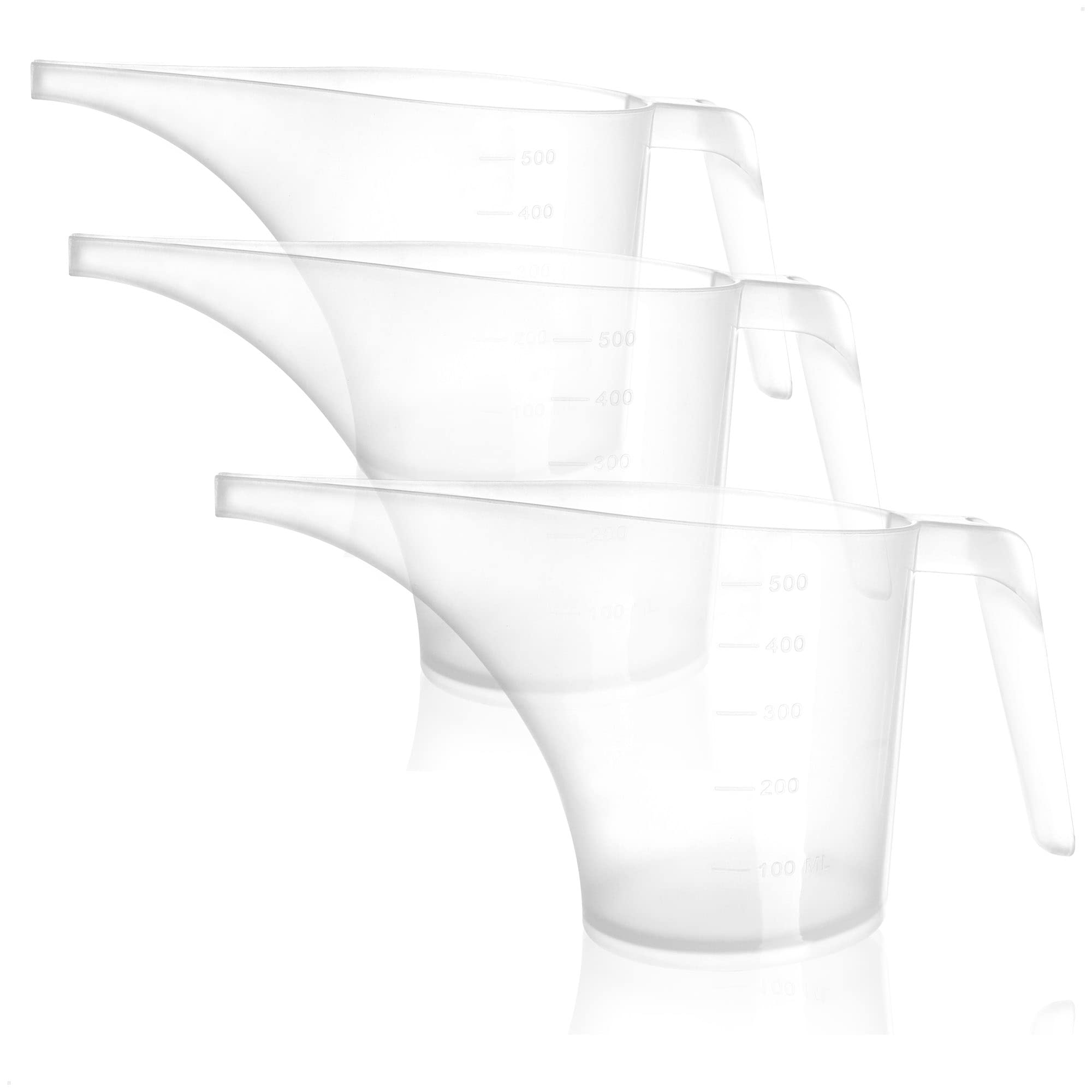 COM-FOUR® 3x Trichterkrug, Gießkanne mit Trichterausguss, transparente Trichterkanne, Dosierkanne für die Seifenherstellung, für Öl, zum Blumengießen