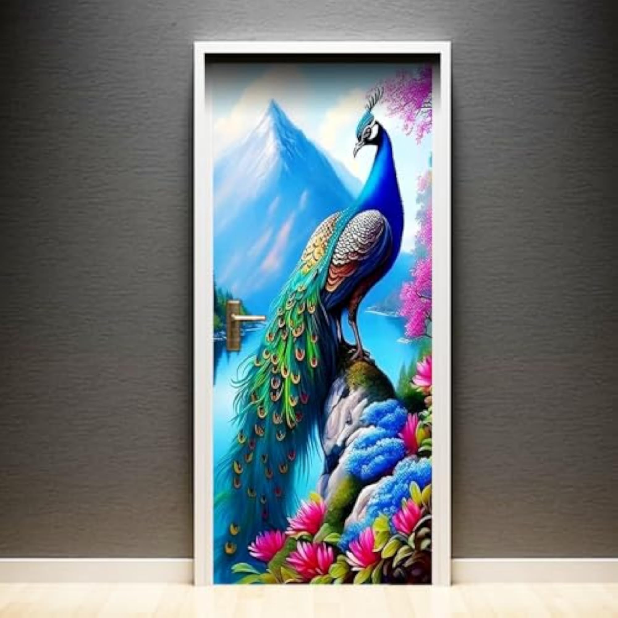 Peacock Door Mural Sticker, Colourful Nature Scenery