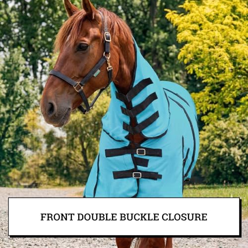 Image of Horse Fly Sheet with Attached Neck Cover & Tail Flap | UV Protection Mesh Horse Blanket, Full Body Bug & Sun Shield, Buckles, Belly Wrap & Gussets for Spring Summer Riding Rug (Turquoise, 82 inch)