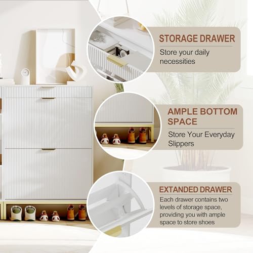 Garvee Fluted Shoe Storage Cabinet with 2 Flip Drawers, Slim Wood Shoe Organizer, Narrow Entryway Furniture with Storage for Small Spaces, Hallway Entrance Apartments, White