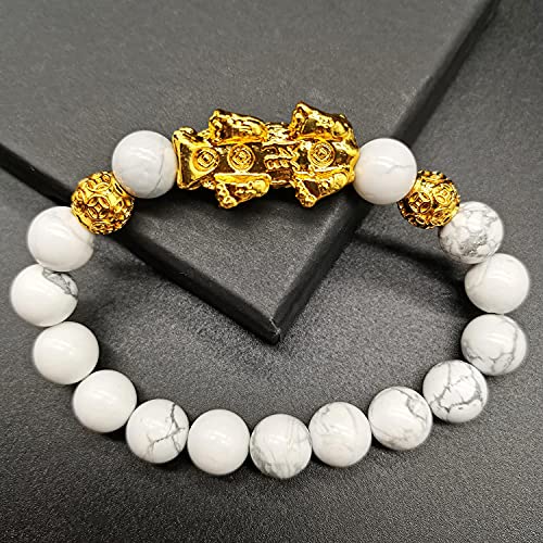 Homelavie Feng Shui Black Obsidian Wealth Bracelets Golden Pixiu Dragon Natural Stone Bracelet for Men Women Boy Girl Attract Wealth and Good Luck (Howlite) - Image 5