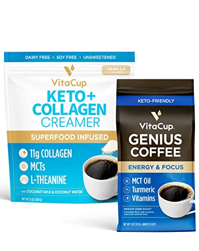 Vitacup Genius Ground Coffee & Keto + Collagen Vanilla Coffee Creamer Bundle For Keto Diet, Energy & Focus, 11 Oz Ground Coffee Bag & 10 Oz Creamer Powder Bag #TOP15