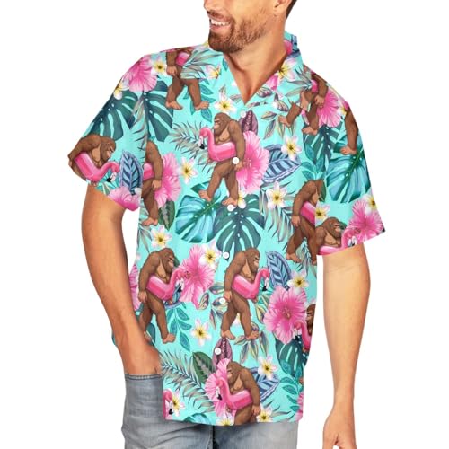 HUGLAZY Bigfoot Hawaiian Shirt for Men Bigfoot Christmas Shirts Button Down Short Sleeve Funny Party Outfit2