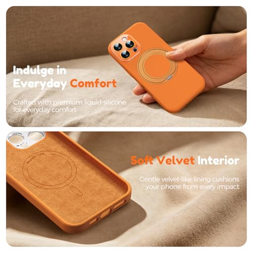 Image of Silicone 360 Spin Magnetic Stand Case for iPhone 16 Pro Max, [Compatible with Mag-Safe][Reinforced Hard Camera Protection] Liquid Silicone Rubber Phone Cover with Ring, Camera Button, Orange