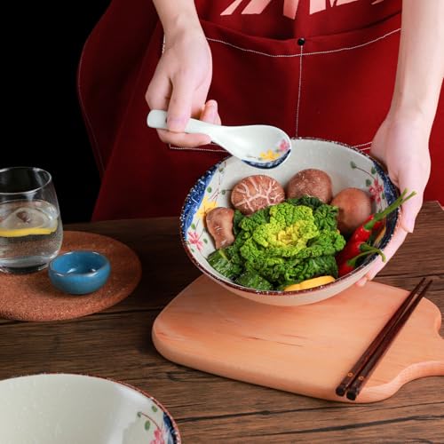 Ramen Schüssel Set 2 x 1200ml Keramik Ramen Bowl mit Essstäbchen und Löffeln,Japanisches Stil Porzellan Geschirr Suppenschüssel Groß Salatschüssel Pho Bowl,Mikrowelle & Spülmaschinenfest,Blume