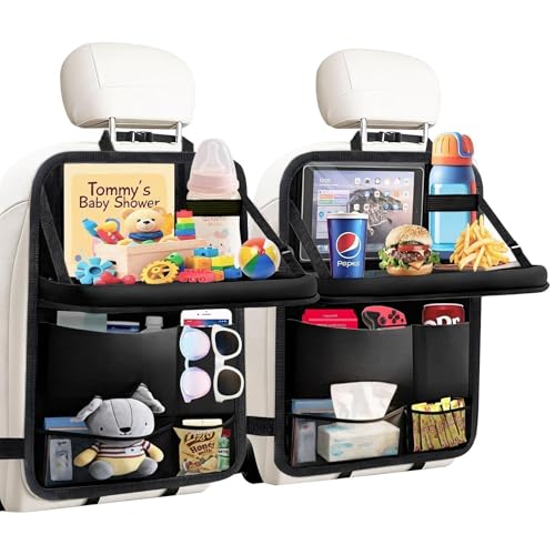 TCJJ Car Seat Organiser Car Organiser Back Seat for kids Car Backseat Seat Kick Protector with Tray and Touch Screen Tablet Storage Pockets Black/2Pack