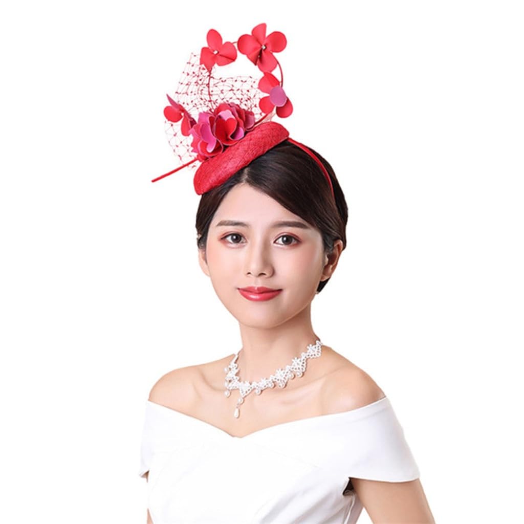 Chapeau fascinator rouge avec voile et fleur pour mariage et grande église