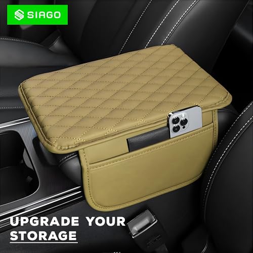 Image of SIAGO Car Armrest Cover Cushion with Storage Bags | Soft Center Console Protector Pad | Non-Slip, Waterproof & Durable | Universal Fit for Cars, SUVs & Trucks (Beige) SIA144