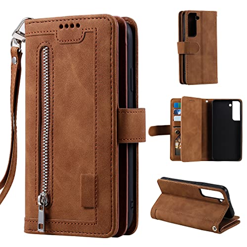 EYZUTAK Wallet Phone Case for Samsung Galaxy S22 Plus 5G, Retro Matte 9 Card Holder Slots Zipper Pocket Case PU Leather Magnetic Closure Kickstand with Wrist Strap Folio Flip Case - Brown