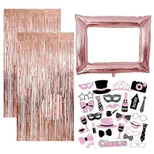 33 Pièces Accessoire Photobooth Anniversaire Photobooth avec 30 Accessoires Photo 2 Rideaux à Paillettes Et Un Cadre Photo Gonflable pour Les Décorations d'anniversaire De Fête des Mères Et De Fêtes
