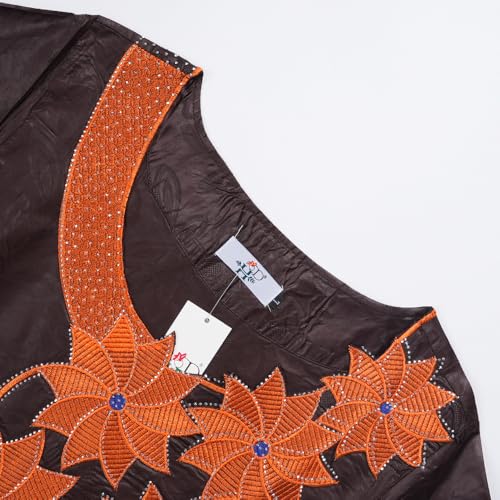 Image of HD African Bazin Riche Maxi Dress for Woman Traditional Embroidery Dashiki Dresses with Head Wraps