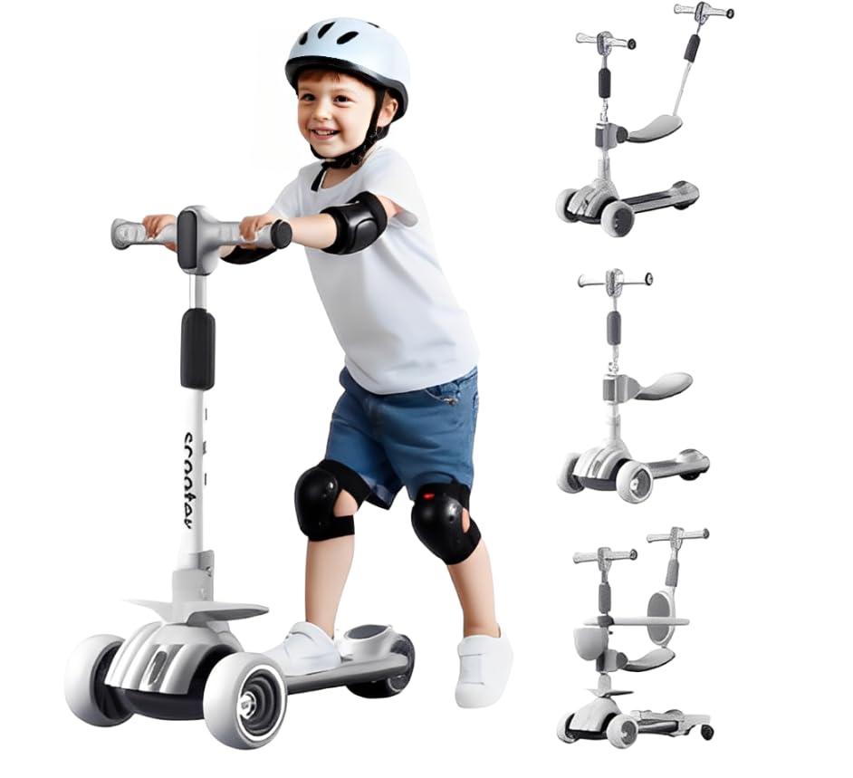 4 in1 Kids Scooter Height Adjustable with Removable Seat,Push Handle,Light and Music,Anti-slip 3 Wheel Scooter Foldable with Pedal,Gifts for Boys and Girls Toddlers(White)