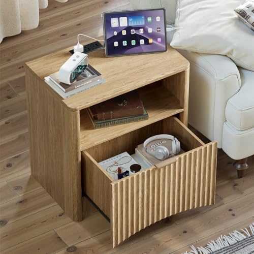 Image of Evermagin Fluted Nightstand Set of 2 with Charging Station, Natural Oak Bedside Table with Drawer and Storage, Wood End Table Mid Century Modern, Large Night Stand for Bedroom