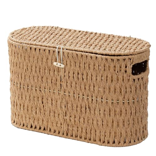 Coeusy Toilet Paper Storage Basket with Lid Paper Rope Wicker Basket for Bathroom Organizers and Storage Toilet Paper Holder for Up to 6 Mega Rolls Boho Hand-Woven Decorative Decor Natural