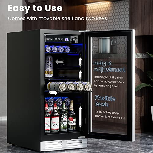 Image of COSTWAY 15 Inch Beverage Cooler Refrigerator - 3.5 Cu.ft Mini Fridge with Glass Door, Lock and Removable Shelves for Soda Beer Wine, Freestanding Small Drink Refrigerator for Home Office Bar