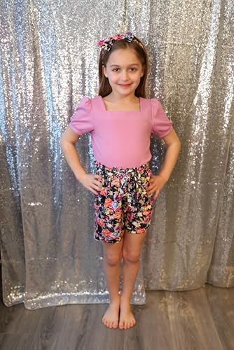 Image of Arshiner Toddler Girls 3 Piece Outfit Set Puff Sleeve Square Neck Top with Shorts and Matching Headband Summer Clothes 2T-8Y