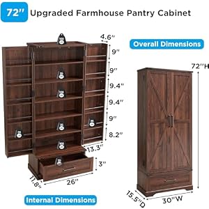 72‘’ Farmhouse Kitchen Pantry Cabinet with Drawer, Tall Storage Cabinet with 2 Barn Doors and Shelves, Versatile Large Rustic Cabinet for Dining Room, Bathroom, Living Room, Laudry, Brown 72 Farmhouse Kitchen Pantry Cabinet with Drawer Tall Storage Cabinet with 2 Barn Doors and Shelves Versatile Large Rustic Cabinet for Dining Room Bathroom Living Room Laudry Brown