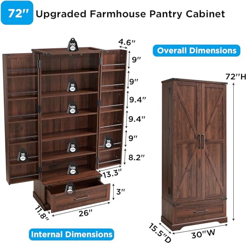 72-Farmhouse-Kitchen-Pantry-Cabinet-with-Drawer-Tall-Storage-Cabinet-with-2-Barn-Doors-and-Shelves-Versatile-Large-Rustic-Cabinet-for-Dining-Room-Bathroom-Living-Room-Laudry-Brown 72 Farmhouse Kitchen Pantry Cabinet with Drawer Tall Storage Cabinet with 2 Barn Doors and Shelves Versatile Large Rustic Cabinet for Dining Room Bathroom Living Room Laudry Brown